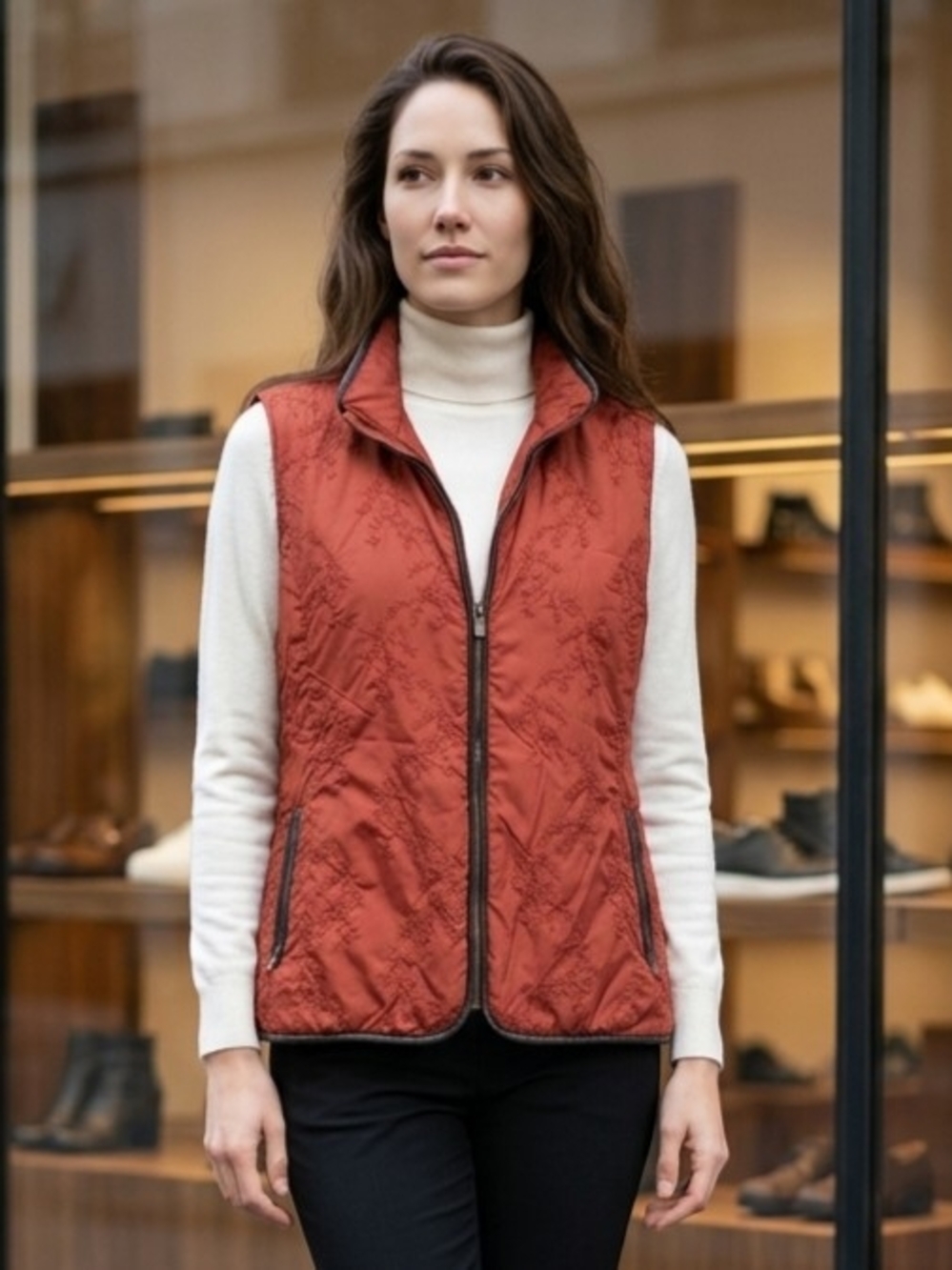 Tweeds Red Floral Embroidered Zip Quilted Vest XL EUC